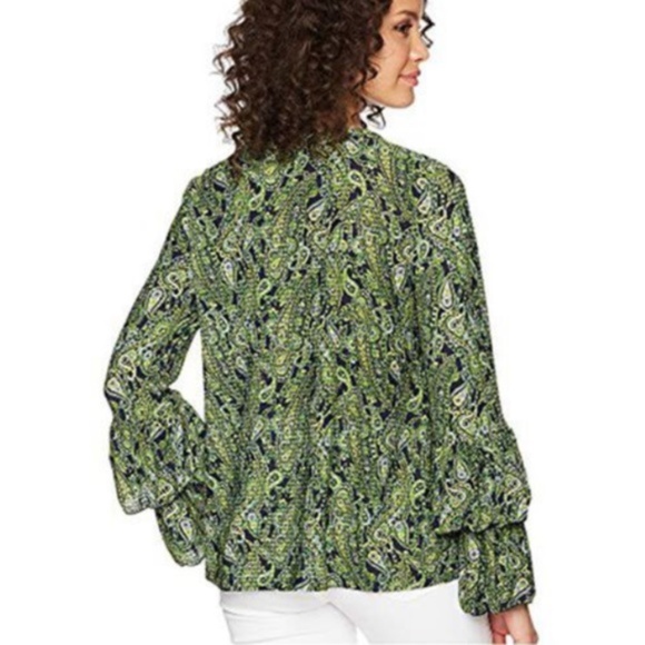 NEW Michael Kors Blouse Green  Paisley Boho Bell  Tiered Top Ruffle Sleeve S - Picture 3 of 16
